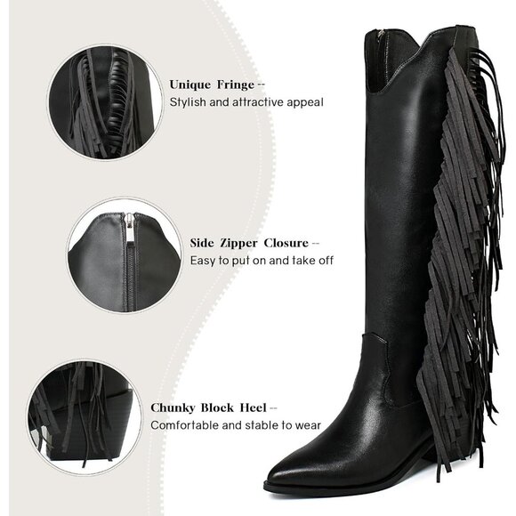 Women Black Synthetic Fringe Tassels Pointed Toe Knee High Western Cowgirl Boots - Picture 3 of 7